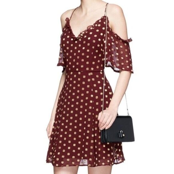 Topshop A Line Off the Shoulder Mini Dress Burgundy w Gold Metallic Polka Dots 4 - Picture 1 of 15